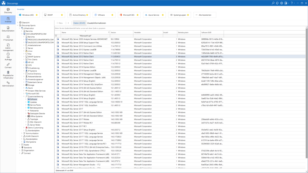 Screenshot der Software-Inventarliste in Docusnap. Im Fenster sind zahlreiche installierte Microsoft SQL Server Versionen und Komponenten aufgelistet, inklusive Version, Hersteller, Anzahl, Betriebssystem und Software-GUID