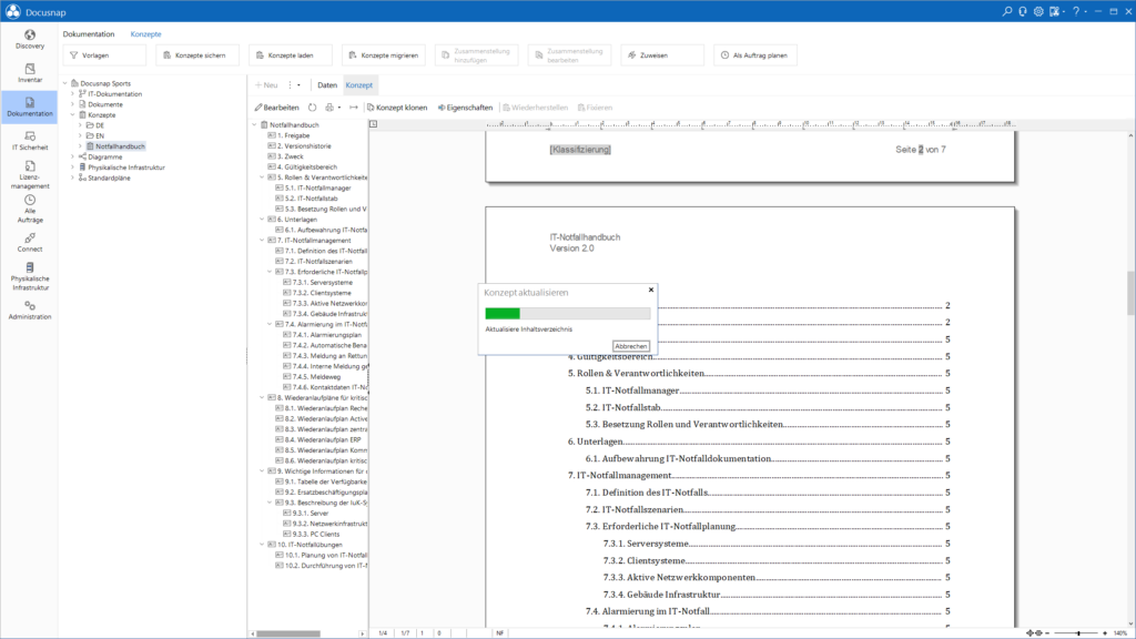 Screenshot der Docusnap-Dokumentation. Geöffnet ist das IT-Notfallhandbuch mit Inhaltsverzeichnis. Ein Fortschrittsfenster zeigt den Status ‚Konzept aktualisieren – Aktualisiere Inhaltsverzeichnis‘.