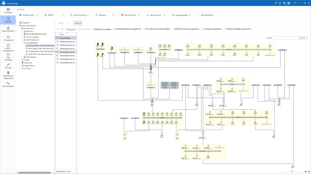 Screenshot aus Docusnap mit einem automatisch generierten Netzwerkplan. Der Plan zeigt eine Übersicht von Switches, Servern, Arbeitsplatzrechnern und weiteren Netzwerkkomponenten, die über Linien miteinander verbunden sind. Gerätegruppen sind in farblich hervorgehobenen Kästen dargestellt.