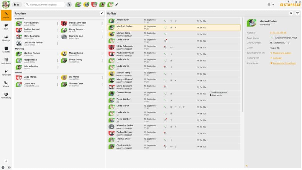 Starface Programm auf Windows mit der Ansicht des Arbeitsbereichs