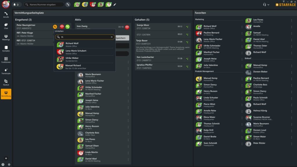 Starface Programm mit der Ansicht der Umleitungen